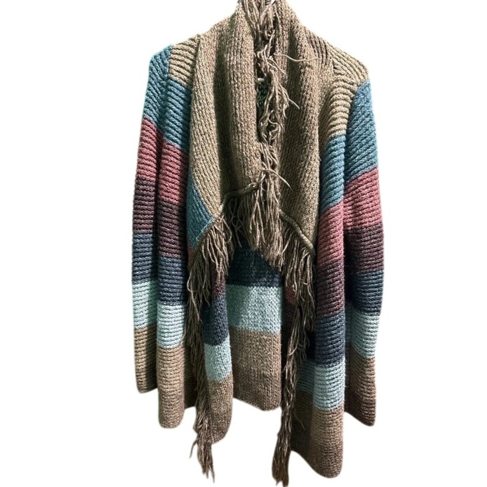 Boho Striped Fringe Cardigan Sweater Tall MT Chunky Cottagecore